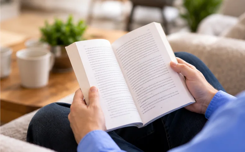 A reader with an open paperback at home