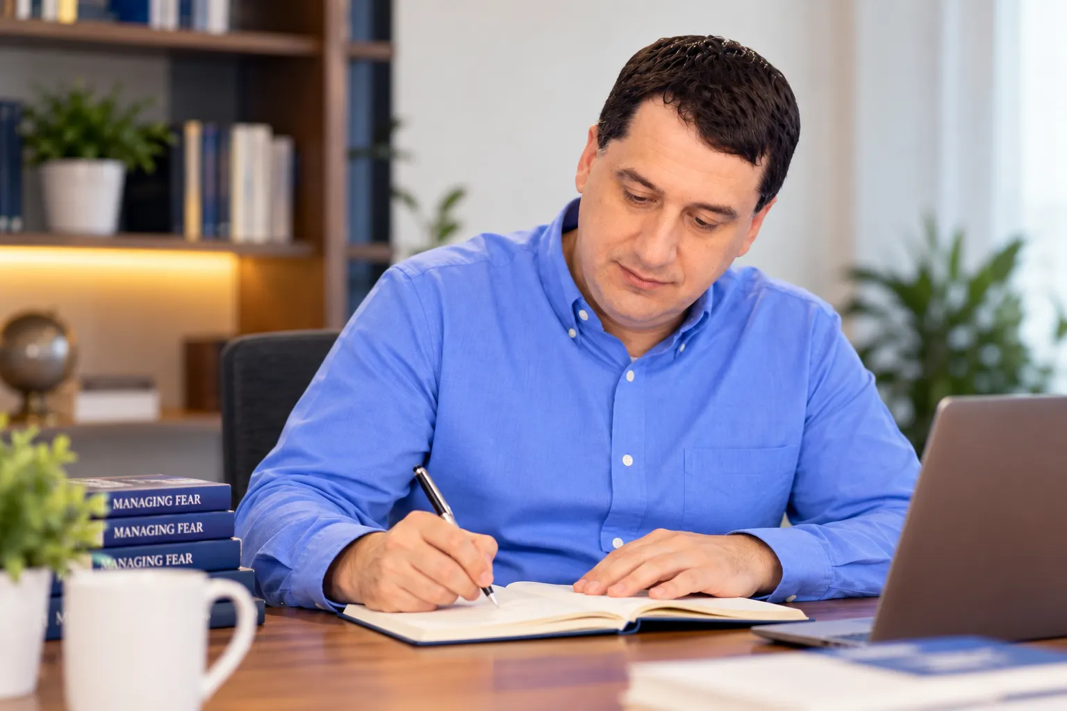 Stan Popovich writing at his desk next to copies of Managing Fear